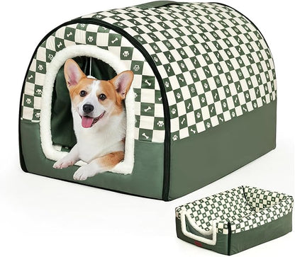 Dog House Indoor, Cozy Dog Cave Bed with Door Curtain, Cushion Mat, Removable and Washable Cover, Multi-Purpose Covered Dog Bed & Cat House for Small- Medium Dogs