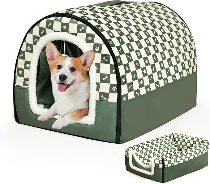 Dog House Indoor, Cozy Dog Cave Bed with Door Curtain, Cushion Mat, Removable and Washable Cover, Multi-Purpose Covered Dog Bed & Cat House for Kitten Puppy Rabbit