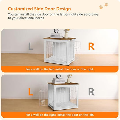 DWANTON Dog Crate Furniture with Cushion, Wooden Dog Crate with Double Doors, Dog Furniture, Dog Kennel Indoor for Small Dogï¼_nd Table, 27.2" L, White+Warm Brown