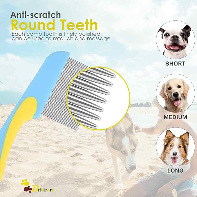 4 Pack Flea Lice Comb, Stainless Steel Dog Cat Grooming Combs with Rounded Teeth, 2-in-1 Double Sided Professional Pet Tear Stain Remover, Dematting Tool for Small, Medium & Large Pets