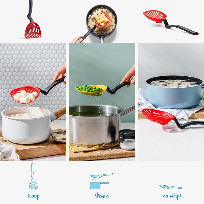 Dreamfarm Lestrain 2-in-1 Drip-Catching Sit-Up Slotted Cooking Spoon Scoop & Strainer - 11" Red
