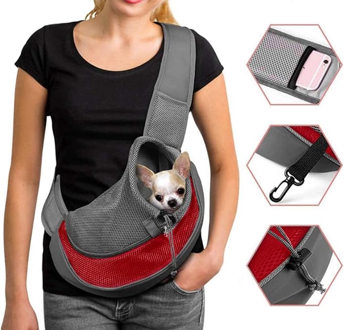 Dog Pet Sling Carrier Puppy Cat Sling Mesh Carrying Bag Adjustable Strap Breathble Small Dog Cat Satchel Carrier Hand Free Safe Front Backpack Soft Foldable Pet Purse Pouch Travel Outdoor