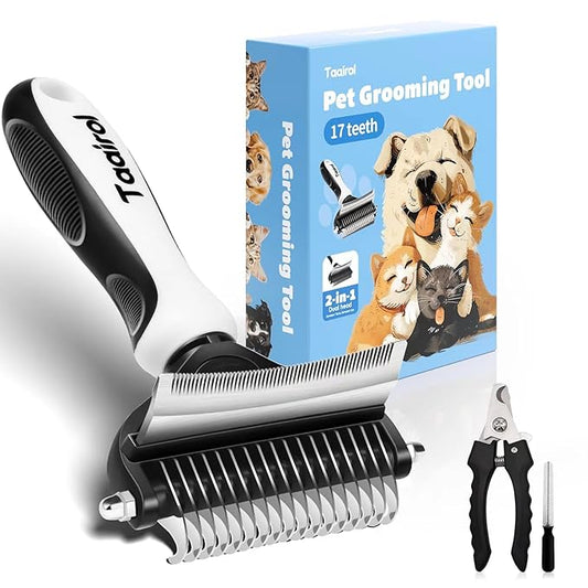 2-in-1 Dog Grooming Rake Dual Sided Deshedding Tool Undercoat Rake for Long/Short Hair, Gentle Stainless Steel Comb with Ergonomic Handle, Safe Shedding Brush for Dogs & Cats (Medium)
