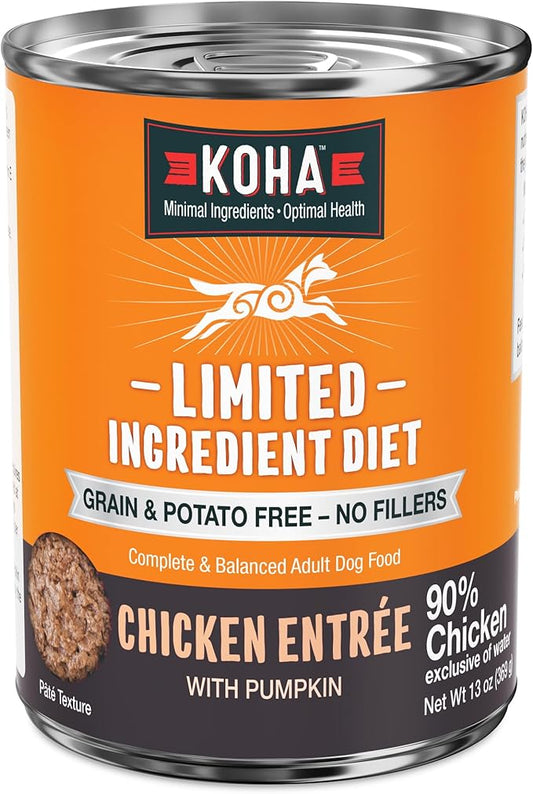 KOHA Limited Ingredient Diet Chicken Entrée for Dogs - Grain Free Wet Dog Food with No Fillers - Sesnsitive Stomach Chicken Dog Food - 13 oz Pack of 12
