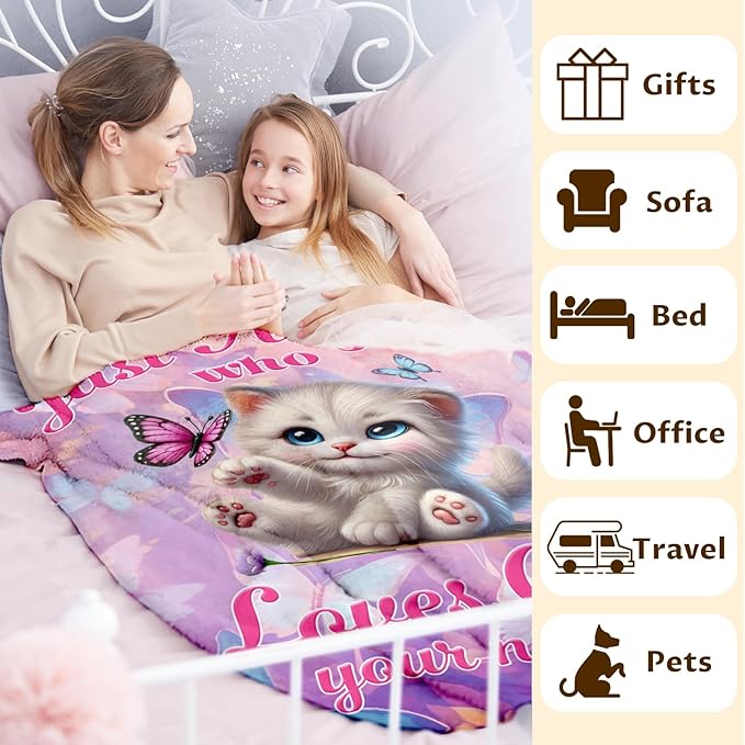 Custom Pink Cat Design Flannel Blanket for Kids Teens Adults, Personalized Throw Gifts for Girls Women, 60x80 Inch Soft Cozy Cute Cat Blanket for Sofa Couch Bed, Daughter Mom Gift Idea for Birthday