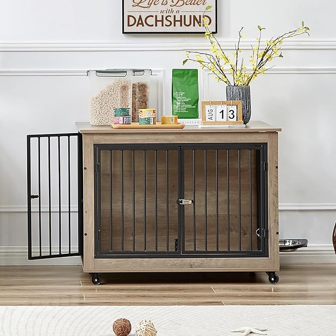 Dog Crate Furniture Heavy Duty Dog Kennel, 38 inch Indoor Double Doors Dog Cage for Small/Medium Dogs Up to 65lb, Decorative Dog Cage End Table with Rotatable Feeding Bowl