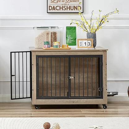 Dog Crate Furniture Heavy Duty Dog Kennel, 38 inch Indoor Double Doors Dog Cage for Small/Medium Dogs Up to 65lb, Decorative Dog Cage End Table with Rotatable Feeding Bowl