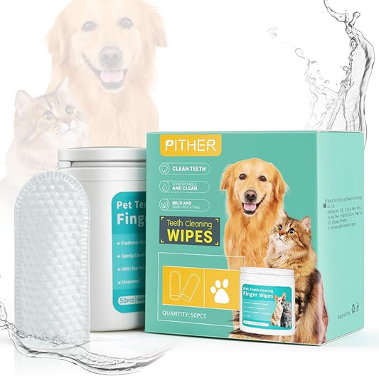 PITHER Dog Teeth Cleaning Wipes, 50 Counts Pet Teeth Dental Wipes for Dogs & Cats Gentle Non-Irritating Soft Tooth Brushing Kit Removing Plaque & Tartar Buildup Freshen Bad Breath