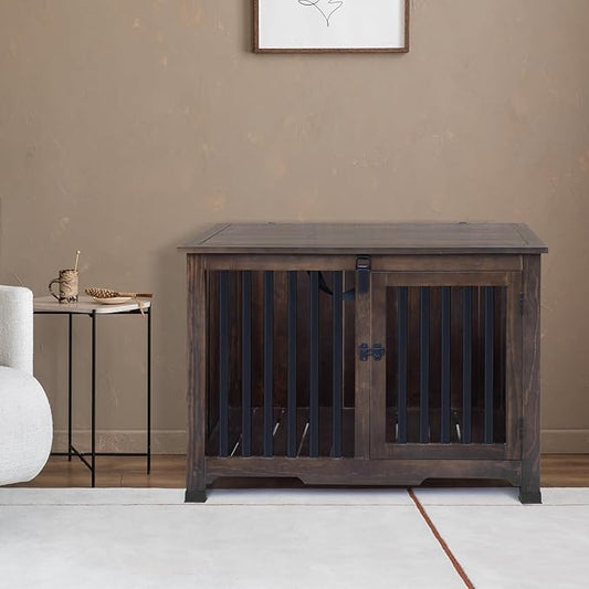 Wooden Dog Crate Furniture,Foldable and Portable Dog Kennel Furniture Indoor,Decorative Dog Crate End Table No Assembly.(Large,Rustic Brown)