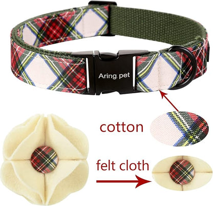 ARING PET Christmas Dog Collar-Plaid Dog Collar with Felt Flowers, Cute Christmas Boy Dog Collars Pet Collars with Metal Buckle