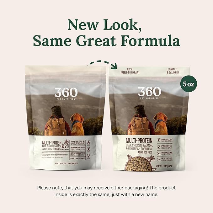 360 Pet Nutrition Raw Freeze-Dried Dog Food, High Protein, Balanced Meal w/Beef, Chicken,Organs, Whitefish, Omega-3, Fruit&Veg, Superfoods, No Fillers, 5 oz Food/Bites/Kibble (Multi Meat) Trial Size