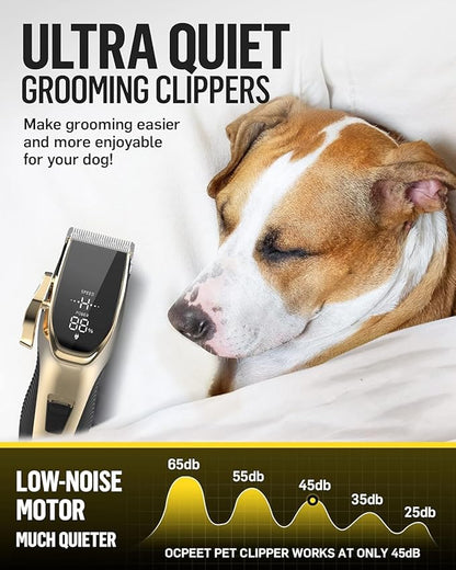 Dog Grooming Kit Low Noiseï¼_ordless 4 in 1 Dog Clippers for Grooming Rechargeable Pet Cat Trimmer with 2 Speed,6 Guards,Scissors,Comb for Small Medium Large Pets Dogs Cats Thick Hair Cutting(Gold)
