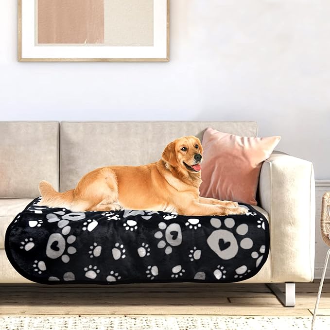Dog Blanket, Soft Fleece Dog Blankets for Large Dogs, Fluffy Flannel Pet Cat Puppy Blanket Mat Cover for Bed Couch, Cute Paw Print Throw Blanket for Dogs, Black 60"X50"