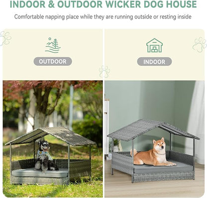32" Wicker Dog House with Canopy, Indoor/Outdoor Elevated Rattan Dog Bed with Water-Resistant Soft Cushion, Large Outside Raised Dog Shelter with Roof for Small, Medium, and Large Dogs, Gray