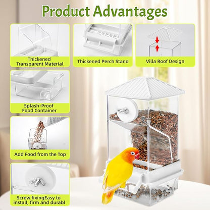 Rypet No Mess Automatic Bird Feeder for Cage,Transparent Acrylic Parrot Seed Feeders,Food Container for Cage,Parrot Feeder Cage Accessories for Small and Medium Lovebirds Parakeets Cockatiel Finch