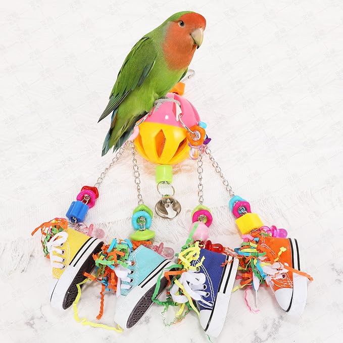 Bird Toys for Parrots and Conures, Colorful Chew Sneakers, Bell Balls, Acrylic Pacifiers, Durable Toys for Small and Medium Birds, Hanging Bird Cage
