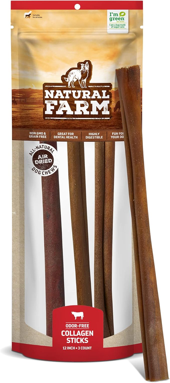 Natural Farm Odor-free Collagen Dog Chews (12 Inch, 3 Pack), Long Lasting Bully Sticks & Rawhide Alternative Dog Treats, 95% Collagen Low Fat, High Protein Best Dental Dog Treats  Medium & Large Dogs
