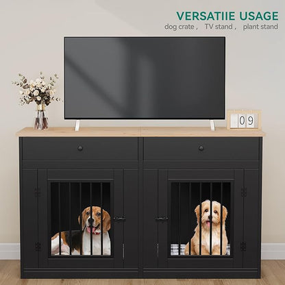 YITAHOME 60" Wooden Dog Crate Furniture with Removable Divider & Storage Drawers, Double Door Kennel with Locks for Medium and Large Dogs, Multi-Functional Dog Crate End Table for Indoor use, Black