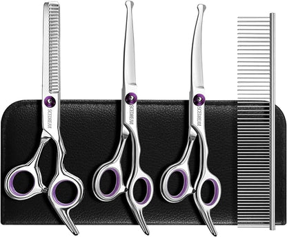 5 in 1 Dog Grooming Scissors Kit with Safety Round Tips for 4CR Stainless Steel Dogs and Cats, Professional Pet Shears, Purple, Purple-5 in 1