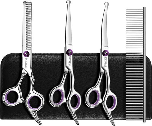 5 in 1 Dog Grooming Scissors Kit with Safety Round Tips for 4CR Stainless Steel Dogs and Cats, Professional Pet Shears, Purple, Purple-5 in 1