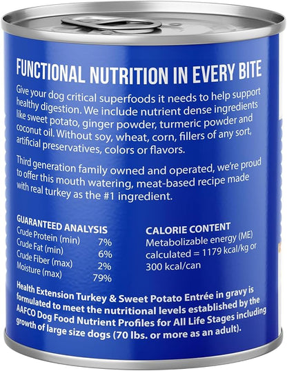 Health Extension Wet Dog Food Turkey & Sweet Potato Entrée in Gravy, 9 oz - Digestive Support with Superfoods & Antioxidants for Immune Support (Case of 12 Cans)