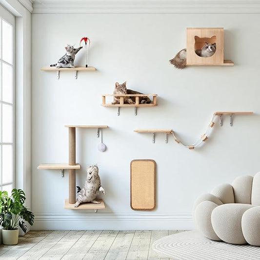 Cat Wall Shelves, Solid Wooden Wall-Mounted Cat Furniture, Set of 6 Cat Climbing Shelves with House, Bed, Bridge, Tree, Steps and Scratcher