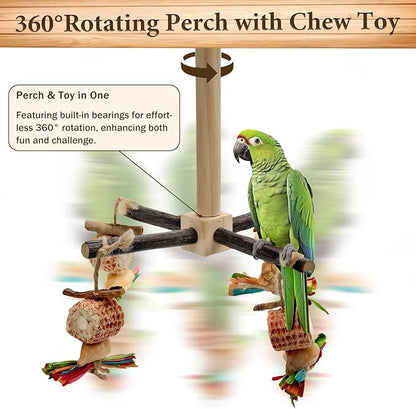 2-Pack 360° Rotating Parrot Perch Toy with Chew Toy, Natural Wooden Perch Stand, Bird Cage Accessory with Exercise Wheel for Small & Medium Birds Like Parrot Finches Muscicapidae etc, US