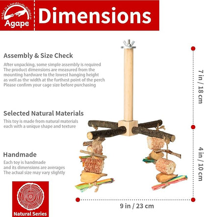 Agape Rotating Parrot Perch Toy with Chew Toy, Natural Wooden Perch Stand for Small & Medium Birds, Bird Cage Accessory with Exercise Wheel for Parakeets Cockatiels Lovebirds Conures Finches Budgies