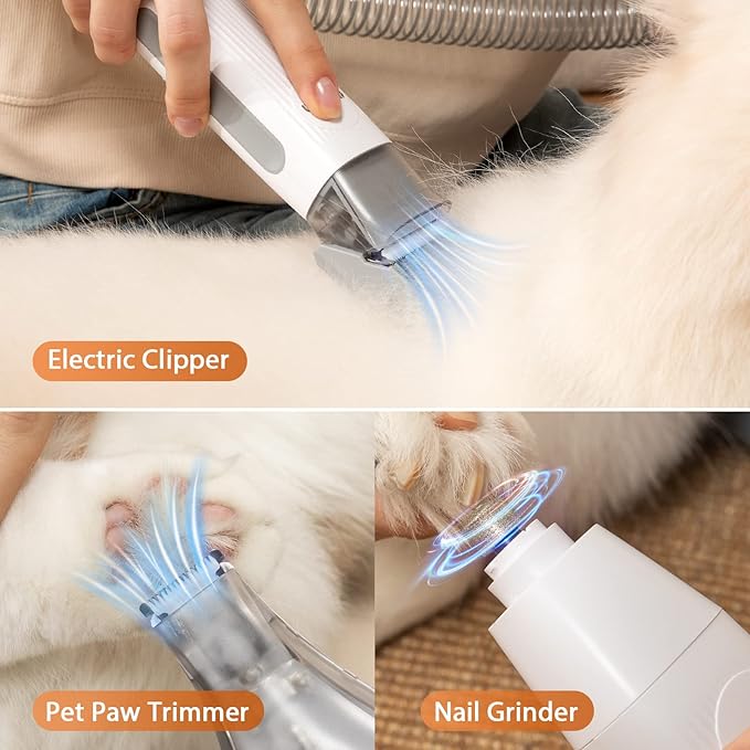 Afloia Dog Grooming Kit, Pet Grooming Vacuum & Dog Clippers Nail Trimmer Grinder & Dogs Brush for Shedding with 6 Pets Grooming Tools, Low Noise Dogs Hair Remover Pets Supplies (White)