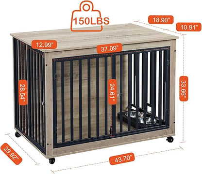 Dog Crate Furniture, Dog House Indoor with Feeding Bowl and Wheels, Wood Dog Crate Dog Kennels Decorative Dog Crate for Small Medium Dogs Grey 43.7" W x 30" D x 33.7" H One Size
