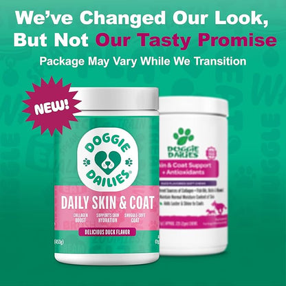 Doggie Dailies Skin & Coat Supplement Support, Salmon Oil for Dogs Skin and Coat with Collagen, Omega 3, Krill Oil, Biotin, & Coconut Oil for Dogs (Duck) 225 Soft Chews