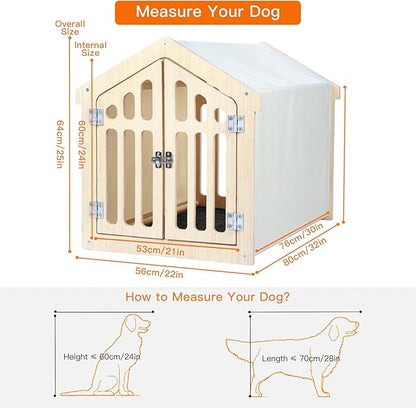 Dog House Indoor for Small Dogs & Medium Dogs 30_x21_x24_, Wooden Board & Oxford Fabric & Felt Mat, Lockable Door, Easy Assembly, Wooden Color