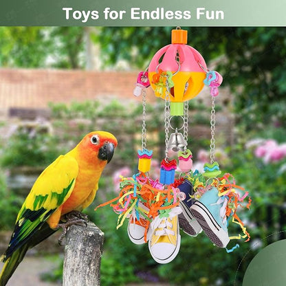 Bird Toys for Parrots and Conures, Colorful Chew Sneakers, Bell Balls, Acrylic Pacifiers, Durable Toys for Small and Medium Birds, Hanging Bird Cage