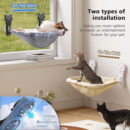 Cat Window Perch Cordless, Glow in The Dark & Stable Cat Beds- Breathable Window Hammock for Overlooking, Sunbathing and Climbing - Maximum Hold Up to 40lb(Grey+Cream)