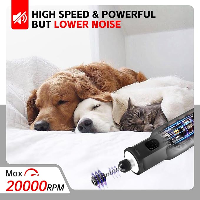 Dog Nail Grinder - Electric Pet Nail Grinder, Upgraded 5 Speed LED Lights Ring Rechargeable Cordless Dog Nail Trimmers Kit, 40 Accessories Pet Nail Grinder for Dogs Cats and Small Medium Animals Black