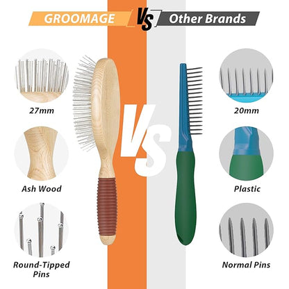 Dog Brush, Pin Brush for Dogs, 27mm Extra Long Pin Brush, Dog Grooming Brush for Shedding, Dog Brush for Long Haired Dogs - Ash Wood Material, Non-Slip Rubber Handle, Round-Tipped Pins