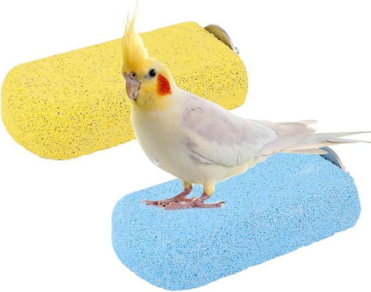 Wontee Bird Chewing Toys Grinding Beak Bird Perch Stand for Budgies Parakeets Cockatiels Lovebirds Conures Rats Squirrels, 2 Packs (Yellow+Blue)