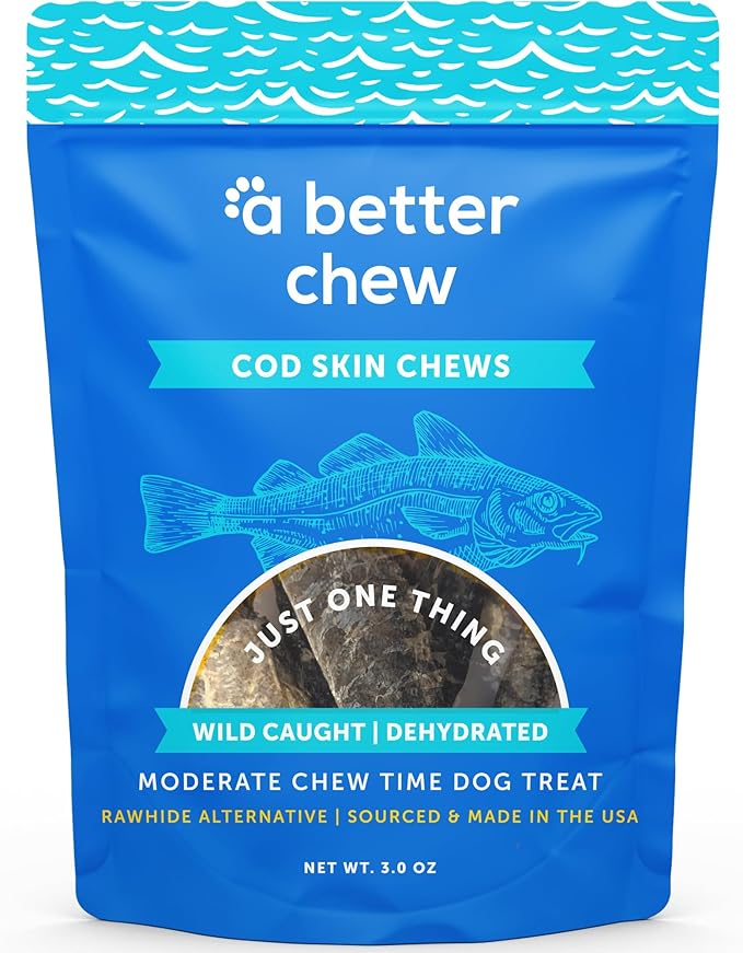 A Better CHEW  Wild Caught Cod Skin Dog Treats | Sourced and Made in The USA, Single Ingredient, Dehydrated | Natural, Healthy Alternative to Rawhides + Bully Sticks, Long Lasting Chew