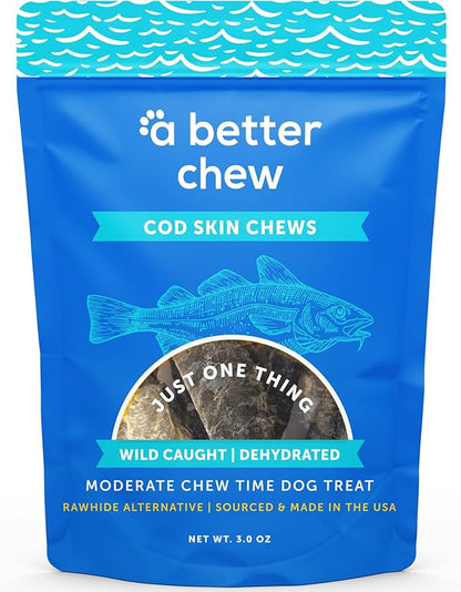 A Better CHEW  Wild Caught Cod Skin Dog Treats | Sourced and Made in The USA, Single Ingredient, Dehydrated | Natural, Healthy Alternative to Rawhides + Bully Sticks, Long Lasting Chew