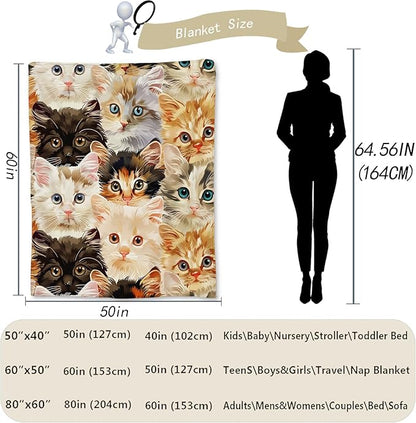 Cute Cat Flannel Throw Blanket, Soft Cozy Lightweight Animal Blankets for Couch, Bed, Travel, Outdoor & Home Decor, Warm Fuzzy Blanket for Adults Kids Women Girls 80×60 in