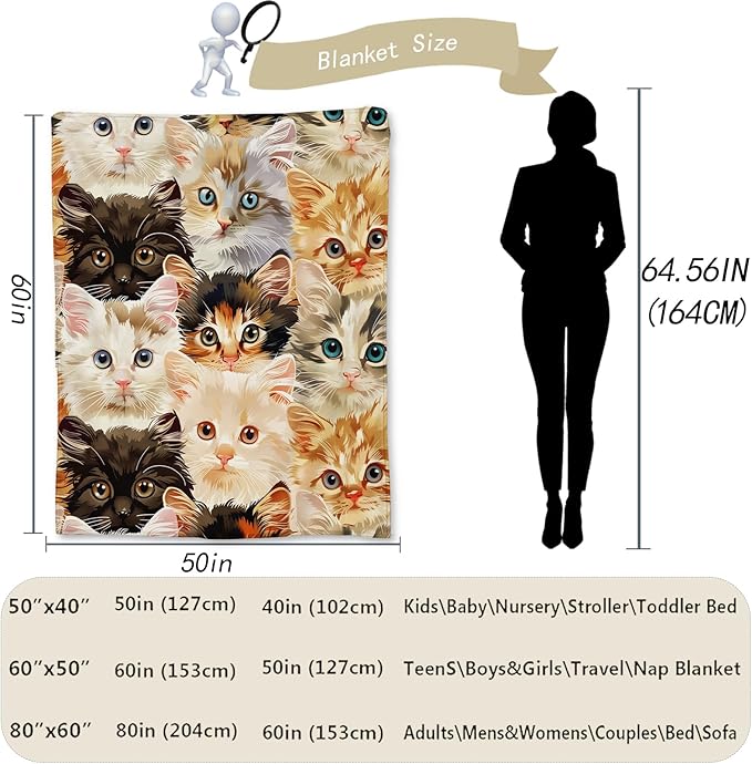 Cute Cat Flannel Throw Blanket, Soft Cozy Lightweight Animal Blankets for Couch, Bed, Travel, Outdoor & Home Decor, Warm Fuzzy Blanket for Adults Kids Women Girls 50×40 in