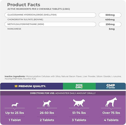 Joint Supplement for Dogs - 120 Chewable Tablets - with Glucosamine, Chondroitin, MSM and Manganese for Hip, Tissue, and Mobility Support, Dog Joint Pain Relief