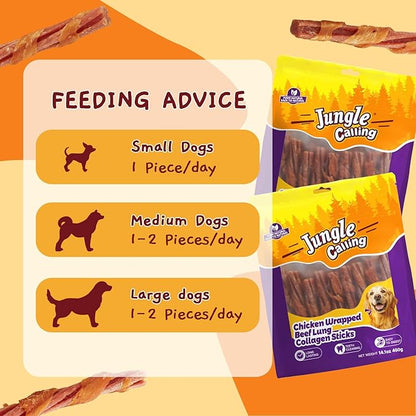 Jungle Calling Dog Treats, Chicken Wrapped Collagen Sticks Chewy Treat, Beef Lung Flavor, Chews Stick for Small Medium Breed Dogs Chewers, Chew Snack Healthy Easy to Digest Teeth Cleaning,14.1 oz