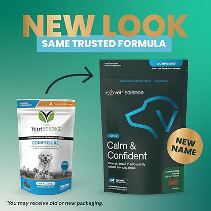 VetriScience Calm & Confident Chews, Composure Clinically Tested Calming and Anxiety Supplement for Dogs, Reduce Stress and Fear, for Thunderstorms, Fireworks and Travel, Peanut Butter, 120 Count