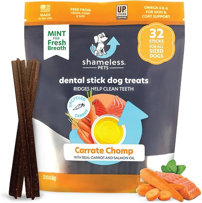 Shameless Pets Dental Treats for Dogs, Carrate Chomp (32 Sticks) - Dental Sticks with Skin & Coat Support for Teeth Cleaning & Fresh Breath - Dog Bones Dental Chews Free from Grain, Corn & Soy
