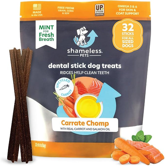 Shameless Pets Dental Treats for Dogs, Carrate Chomp (32 Sticks) - Dental Sticks with Skin & Coat Support for Teeth Cleaning & Fresh Breath - Dog Bones Dental Chews Free from Grain, Corn & Soy