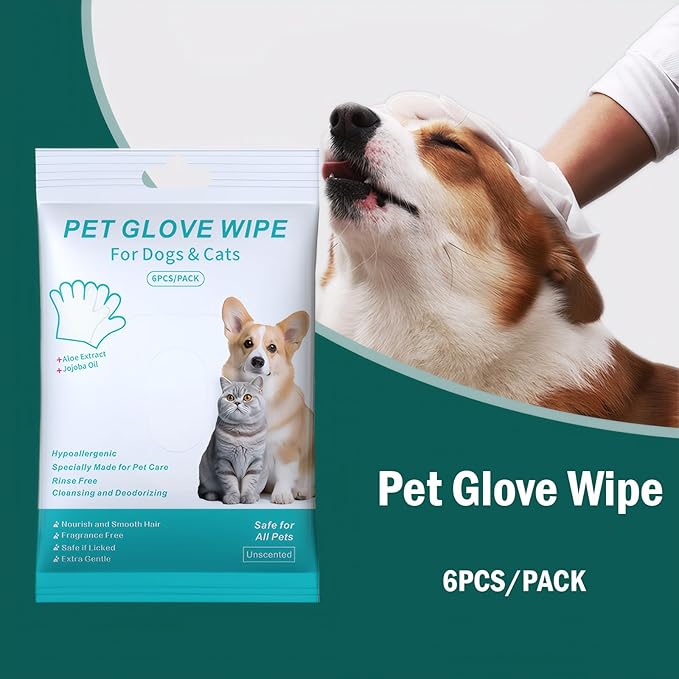 Pet Glove Wipe for Dogs & Cats, Hypoallergenic, Rinse Free, Cleansing and Deodorizing, Cat & Dog Wipes for Paws and Butt, 6 PCS/Pack (1Pack)