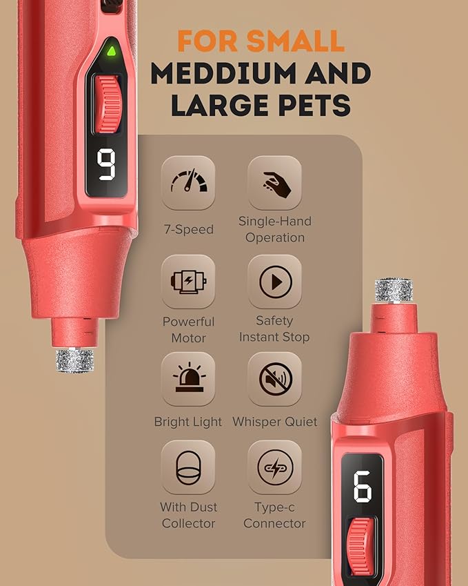 YABIFE 7-Speed Dog Nail Trimmers, Professional Dog Nail Grinder with Light - Heavy Duty Pet Nail Grinder for Dogs/Cats/Birds/Small Animals - Whisper Quiet, Single Hand Operation