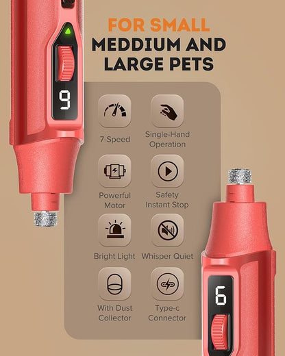 YABIFE 7-Speed Dog Nail Trimmers, Professional Dog Nail Grinder with Light - Heavy Duty Pet Nail Grinder for Dogs/Cats/Birds/Small Animals - Whisper Quiet, Single Hand Operation