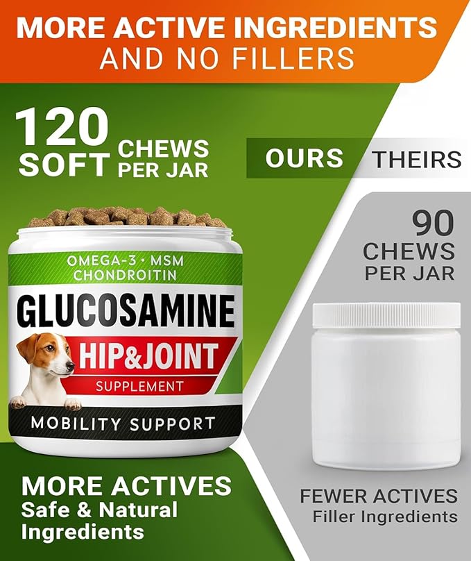Hip & Joint Support for Dogs - Hemp Chews for Dog Joint Pain Relief with Glucosamine & Chondroitin - Joint Supplement for Large & Small Breeds - Senior Dog Mobility Treats - 120ct, Lamb Flavor